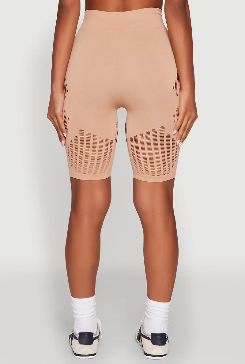 Womens Seamless Laser Cut Biker Shorts, Khaki, Size M-L