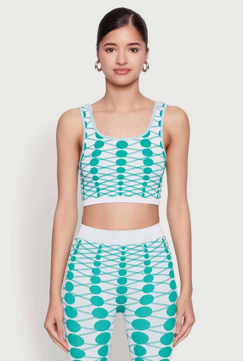 Womens Seamless Geometric Print Crop Top, Green, Size S-M