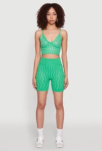 Womens Seamless Rhinestone Faux Pearl Crop Top, Green, Size M-L