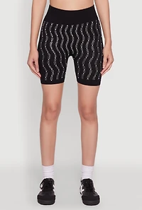 Womens Seamless Rhinestone Faux Pearl Biker Shorts,