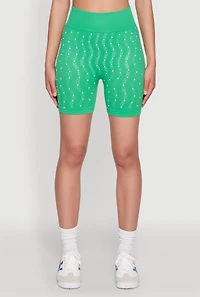 Womens Seamless Rhinestone Faux Pearl Biker Shorts, Green, Size S-M