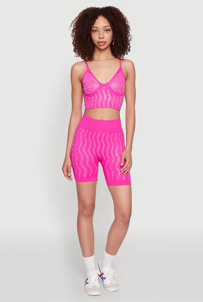 Womens Seamless Rhinestone Faux Pearl Biker Shorts, Pink, Size S-M