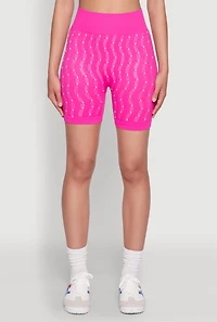 Womens Seamless Rhinestone Faux Pearl Biker Shorts, Pink, Size S-M