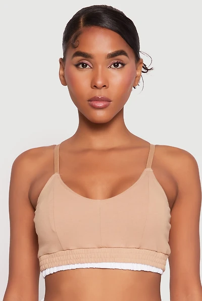Womens Contrast Trim Smocked Hem Crop Top,