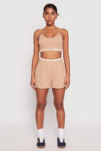 Womens Contrast Trim Smocked Hem Crop Top, Beige, Size L