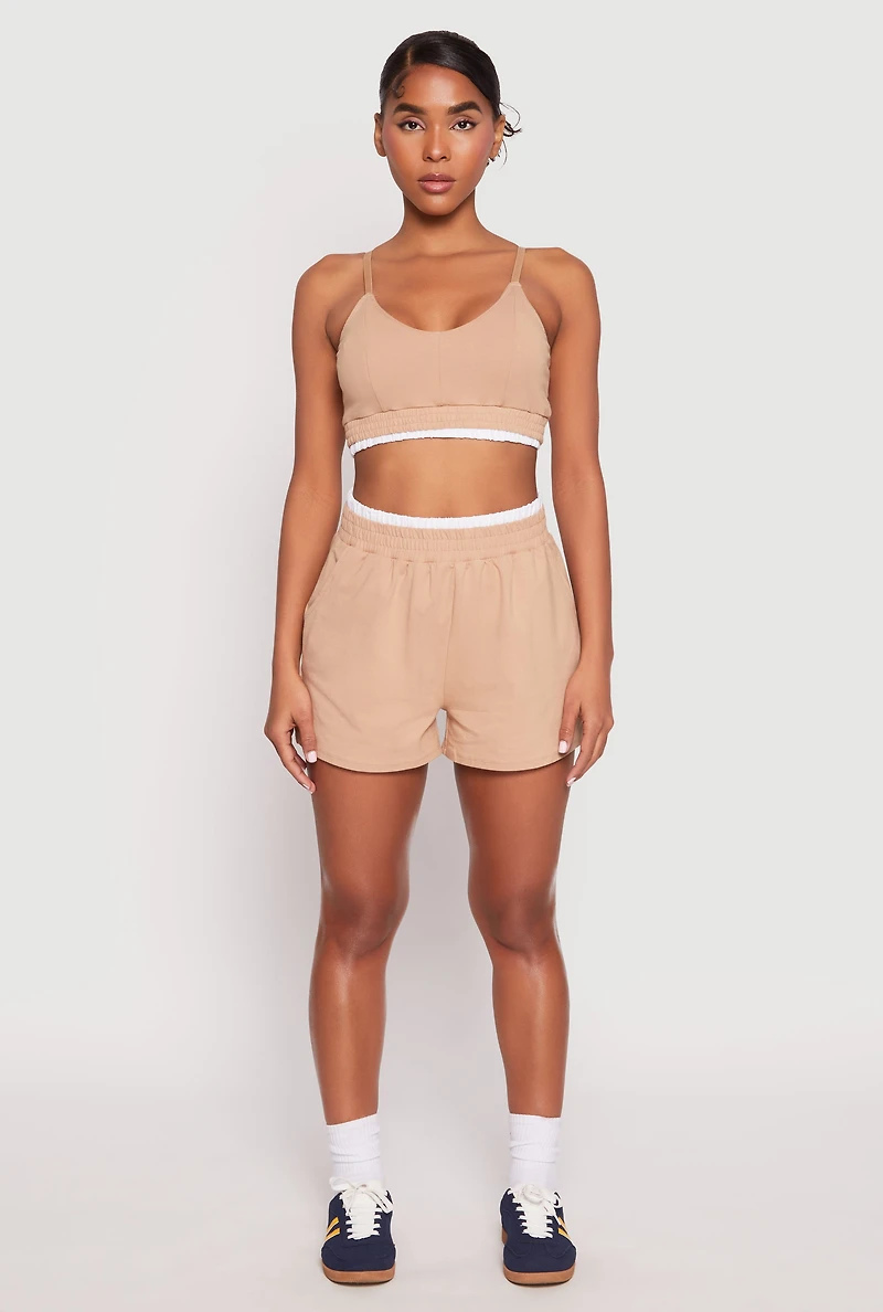 Womens Contrast Trim Smocked Hem Crop Top, M