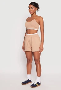 Womens Contrast Trim Smocked Hem Crop Top, Beige, Size L