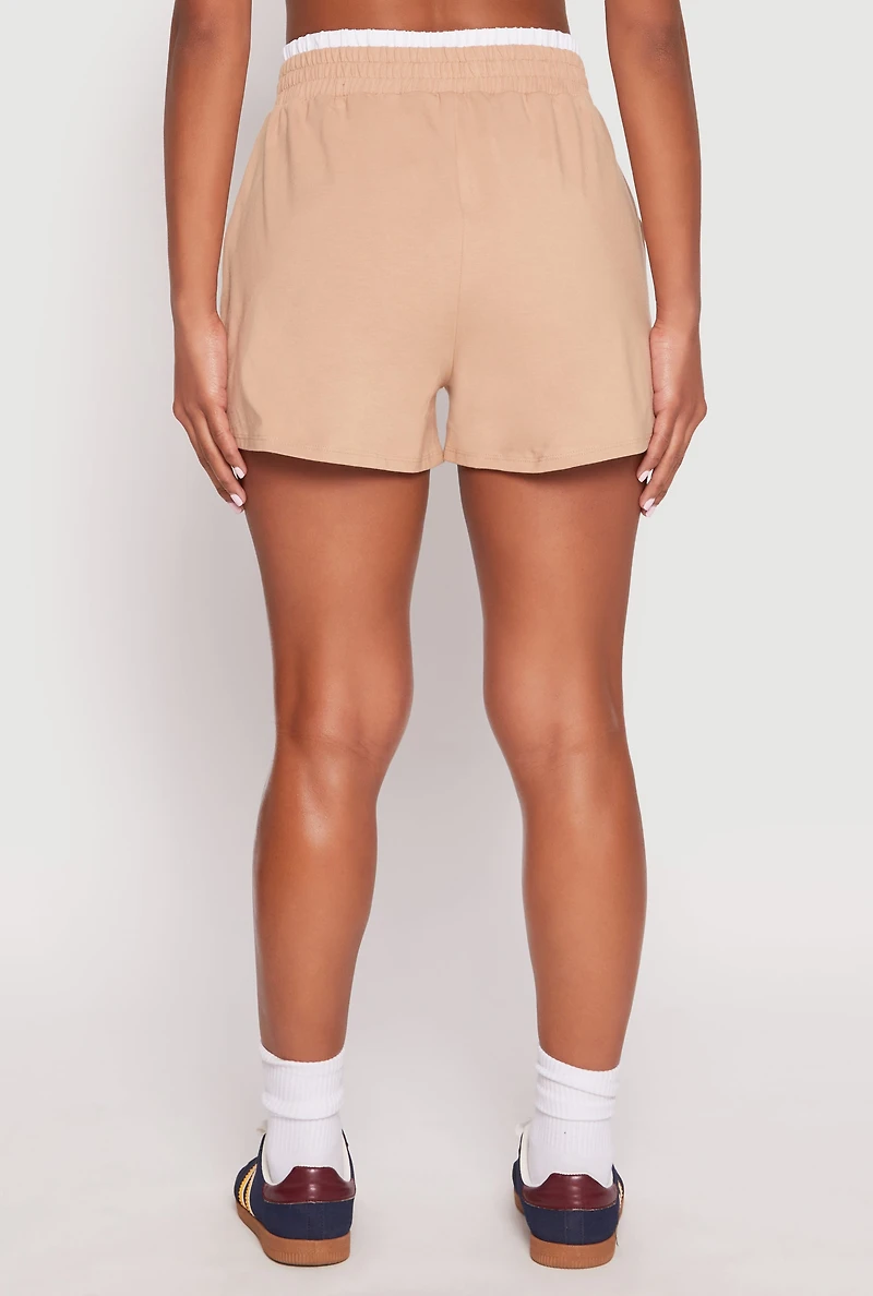 Womens Contrast Elastic Trim High Waist Shorts, Khaki, Size M