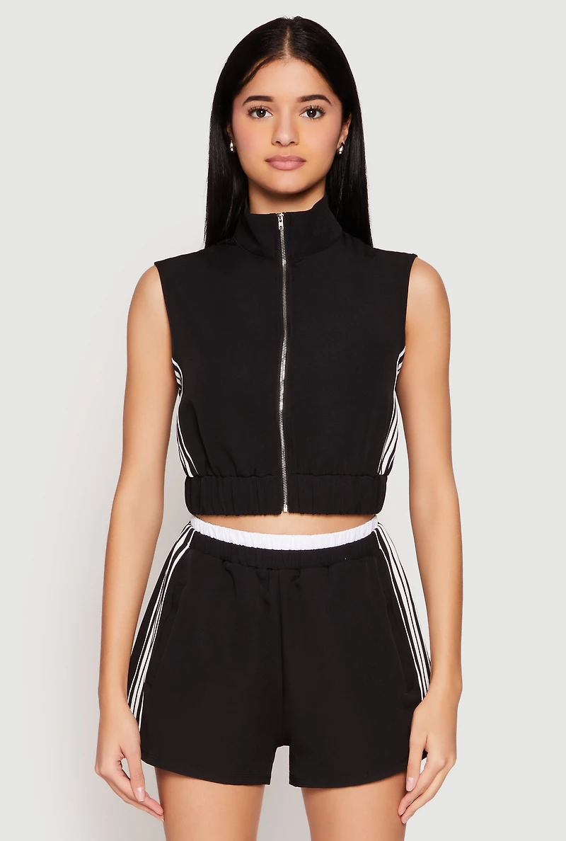 Womens Side Stripe Sleeveless Zip Up Vest, Black, Size L