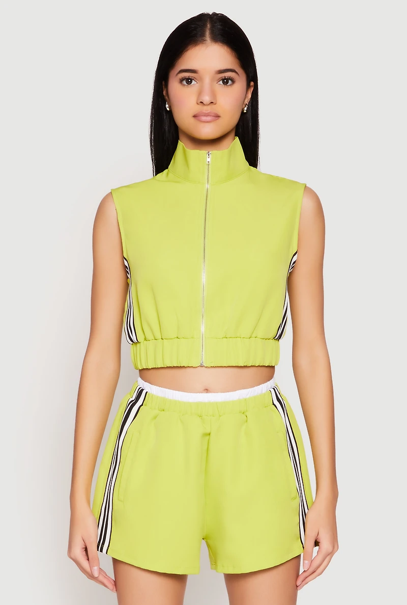 Womens Side Stripe Sleeveless Zip Up Vest, Green, Size M