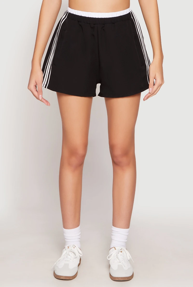 Womens Contrast Waistband Side Stripe Shorts, Black, Size XL