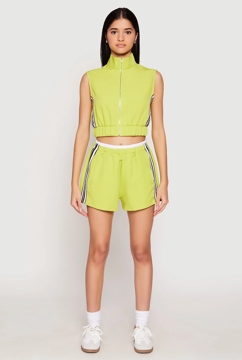Womens Contrast Waistband Side Stripe Shorts, Green, Size M