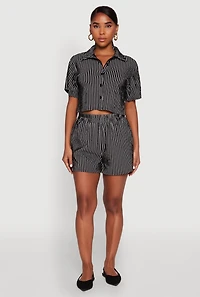 Womens Textured Knit Striped Cropped Shirt, Black, Size S