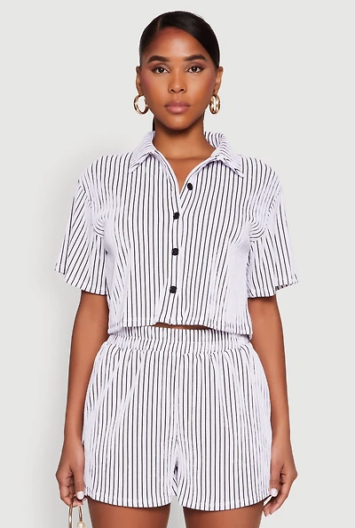 Womens Textured Knit Striped Cropped Shirt, White, Size S