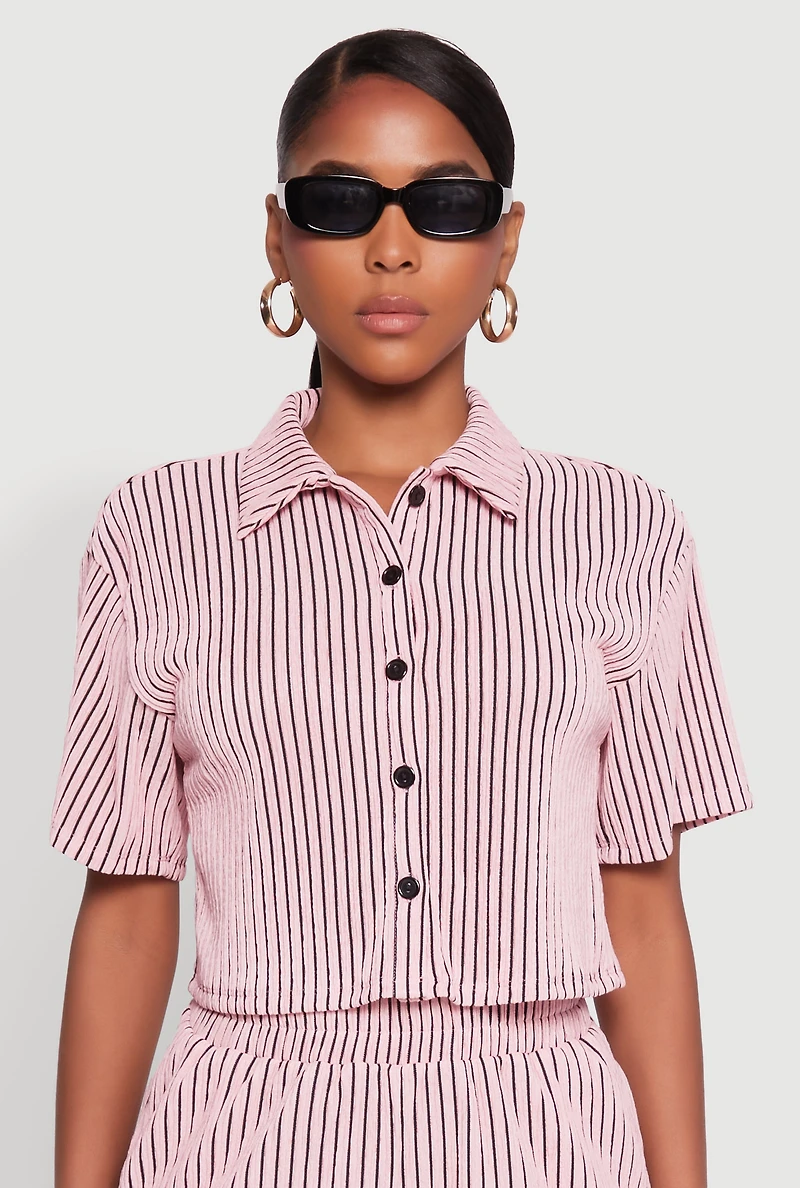 Textured Knit Striped Cropped Shirt