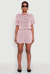Womens Textured Knit Striped Cropped Shirt, Pink, Size S