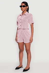 Womens Textured Knit Striped Cropped Shirt, Pink, Size S
