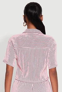Womens Textured Knit Striped Cropped Shirt, Pink, Size S