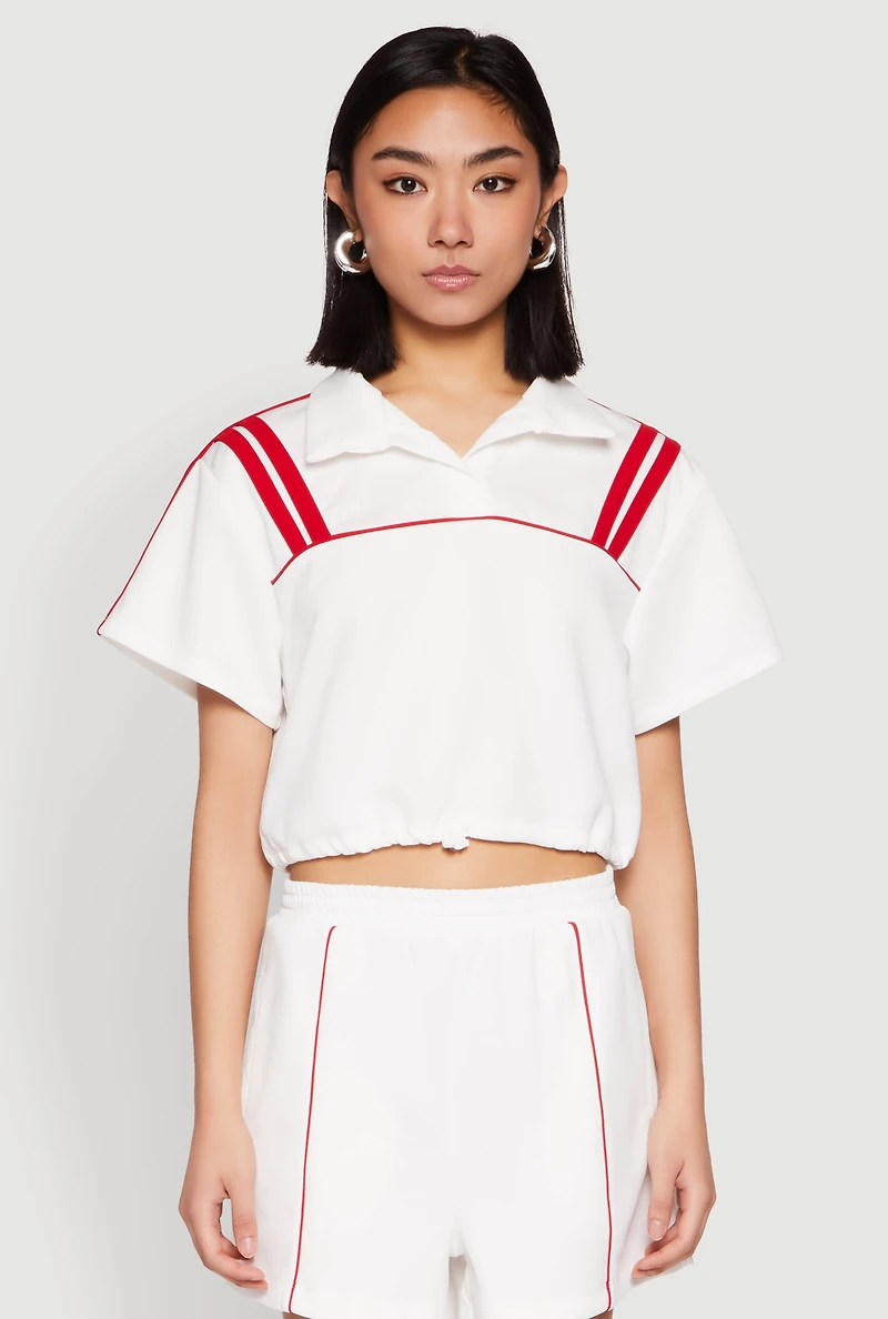 Womens Contrast Piping Varsity Stripe Detail Crop Top, White,