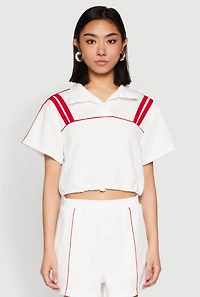 Womens Contrast Piping Varsity Stripe Detail Crop Top, White,