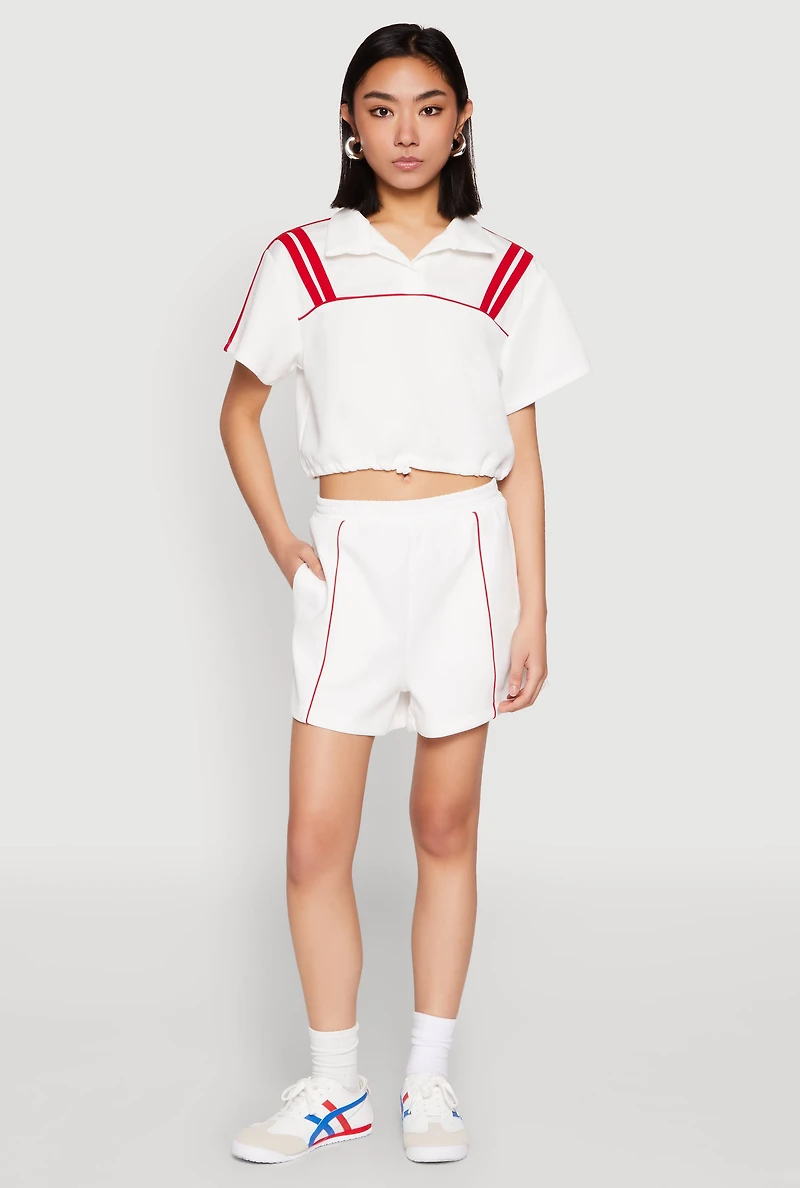 Womens Contrast Piping Varsity Stripe Detail Crop Top, White,