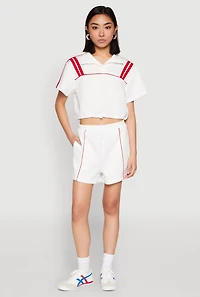 Womens Contrast Piping Varsity Stripe Detail Crop Top, White,