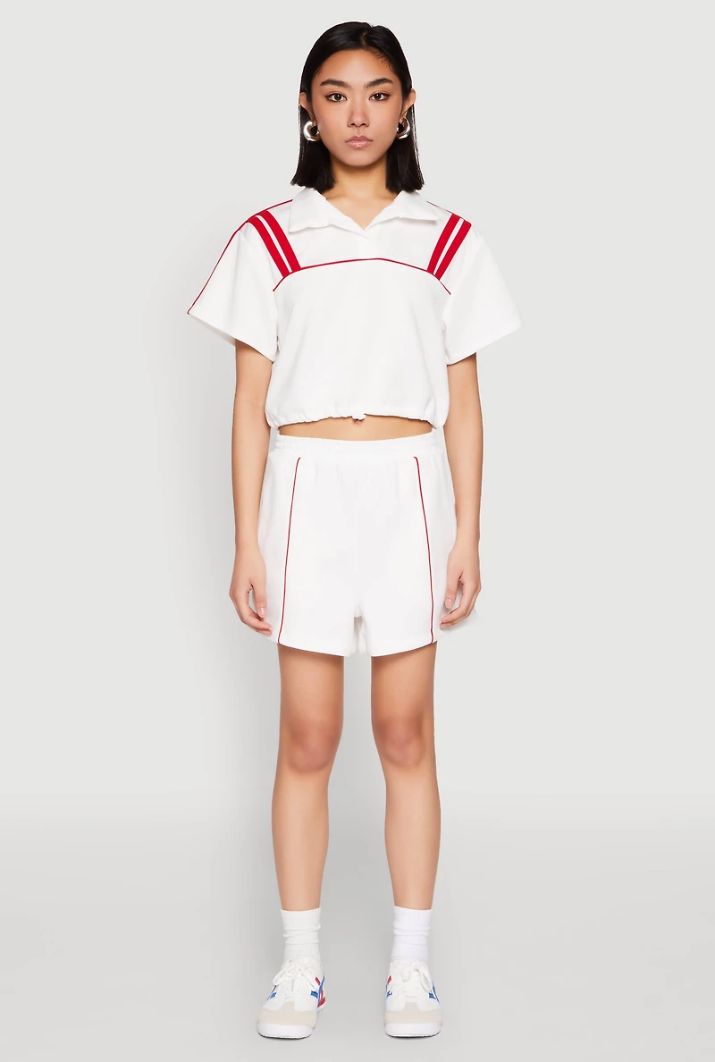 Womens Contrast Piping Varsity Stripe Detail Crop Top, White,
