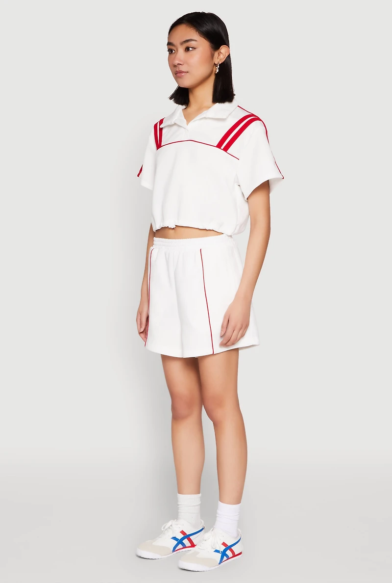 Womens Contrast Piping Varsity Stripe Detail Crop Top, White,