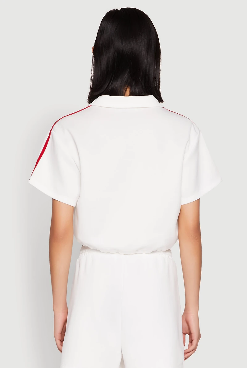 Womens Contrast Piping Varsity Stripe Detail Crop Top, White,