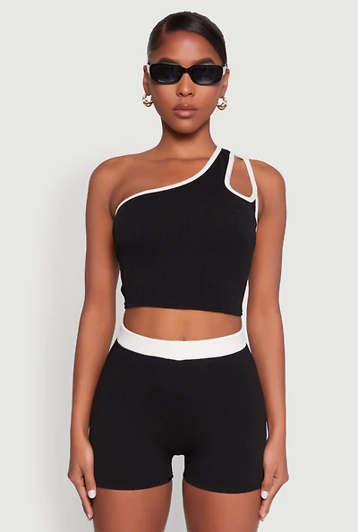 Womens Contrast Trim Keyhole One Shoulder Crop Top, Black, Size S