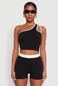 Womens Contrast Trim Keyhole One Shoulder Crop Top, Black, Size S
