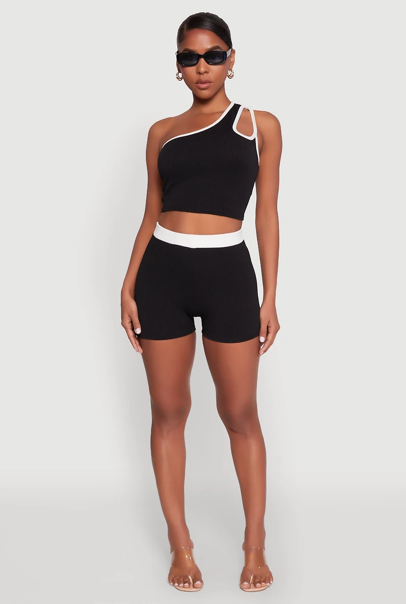 Womens Contrast Trim Keyhole One Shoulder Crop Top, Black, Size S
