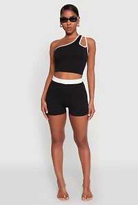 Womens Contrast Trim Keyhole One Shoulder Crop Top, Black, Size S
