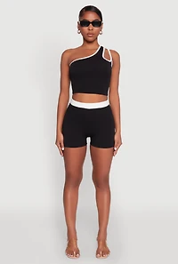 Womens Contrast Trim Keyhole One Shoulder Crop Top, Black, Size S