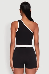 Womens Contrast Trim Keyhole One Shoulder Crop Top, Black, Size S