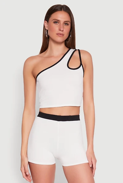Womens Contrast Trim Keyhole One Shoulder Crop Top, White, Size L