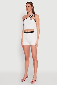 Womens Contrast Trim Keyhole One Shoulder Crop Top, White, Size S