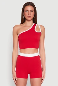 Contrast Trim Keyhole One Shoulder Crop Top