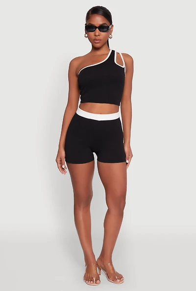Womens Contrast Waistband Biker Shorts, Black, Size M