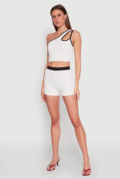 Womens Contrast Waistband Biker Shorts, White, Size XL