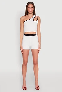 Womens Contrast Waistband Biker Shorts, White, Size XL