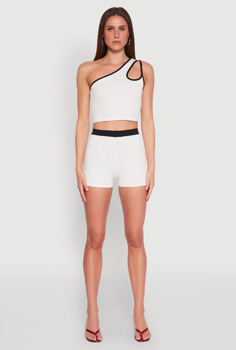 Womens Contrast Waistband Biker Shorts, White,