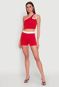 Womens Contrast Waistband Biker Shorts, Red, Size L