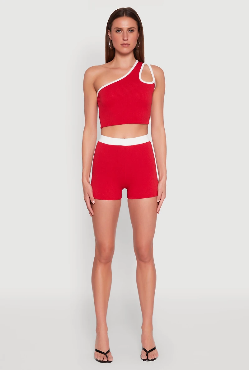 Womens Contrast Waistband Biker Shorts, Red, Size L
