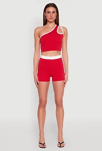 Womens Contrast Waistband Biker Shorts, Red, Size L