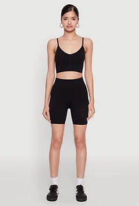Womens Seamless High Waisted Textured Knit Bike Shorts, Black, Size M-L