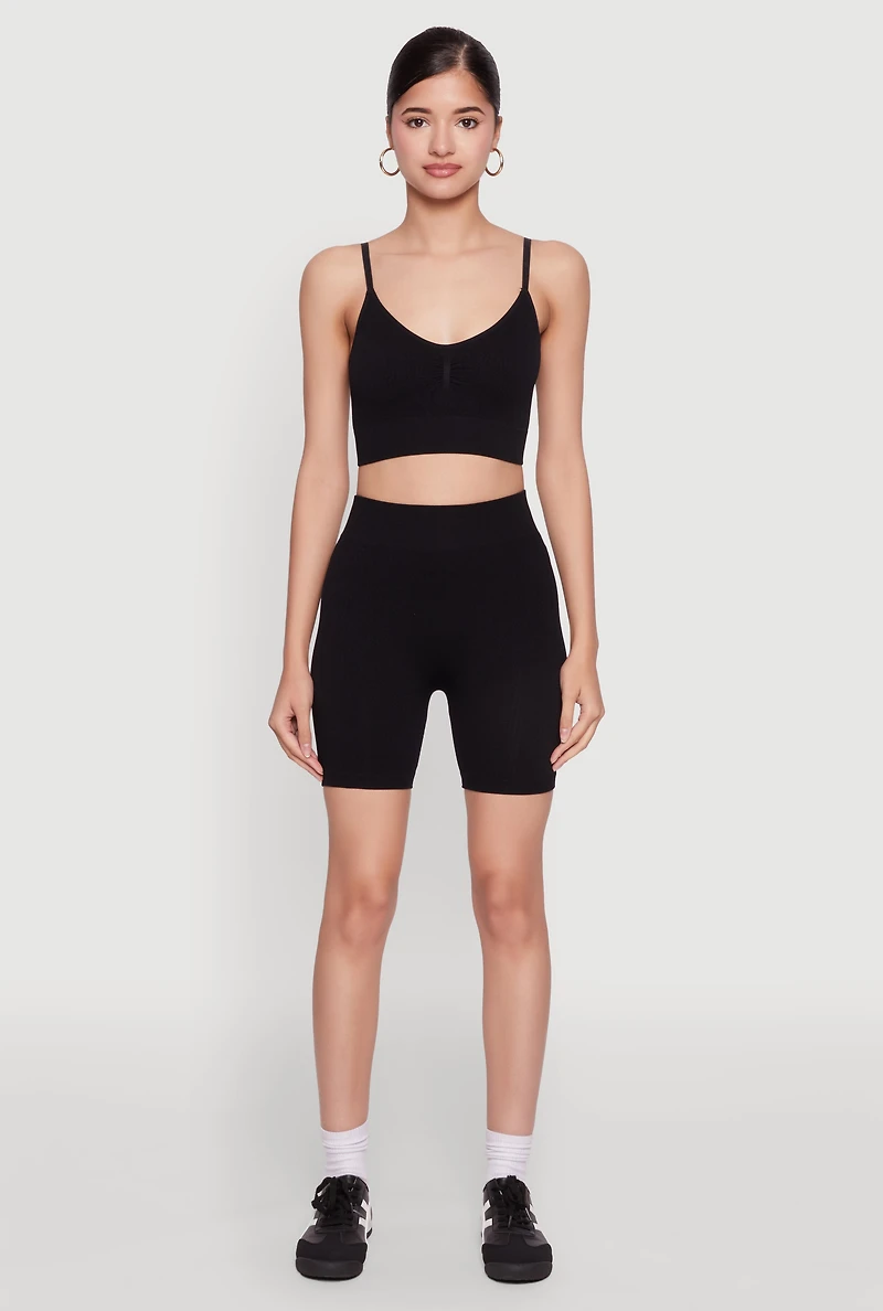 Womens Seamless High Waisted Textured Knit Bike Shorts, M-L