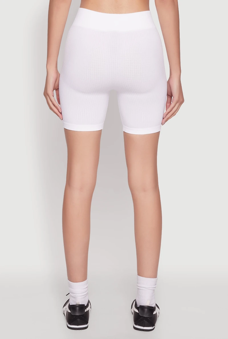 Womens Seamless High Waisted Textured Knit Bike Shorts, White, Size M-L