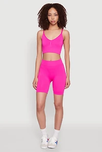 Womens Seamless High Waisted Textured Knit Bike Shorts, Pink, Size S-M