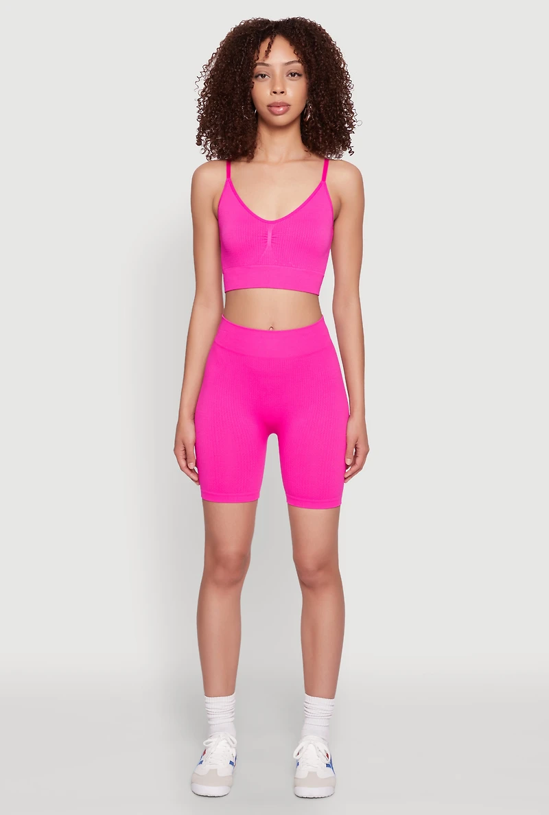 Womens Seamless High Waisted Textured Knit Bike Shorts, Pink, Size S-M